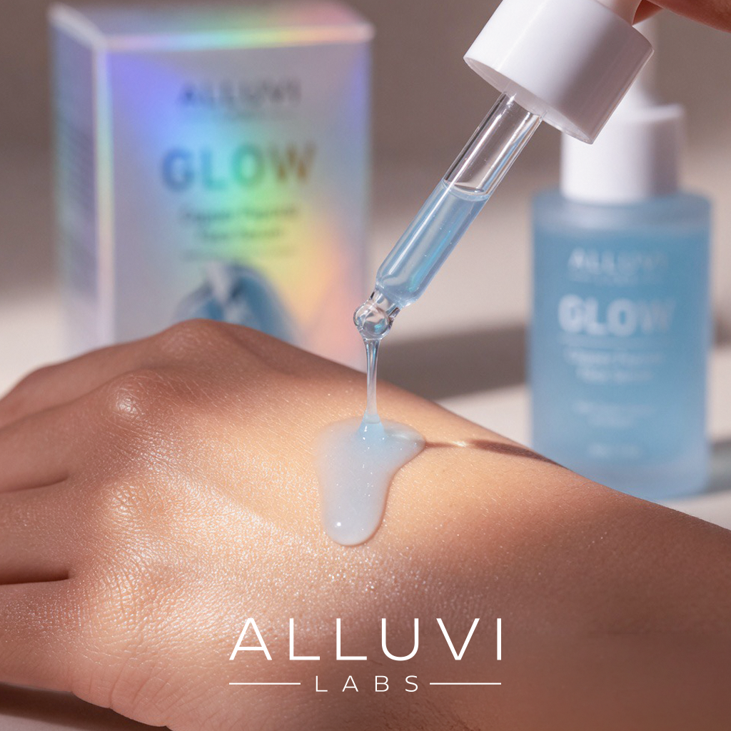 GLOW serum flatlay with flowers